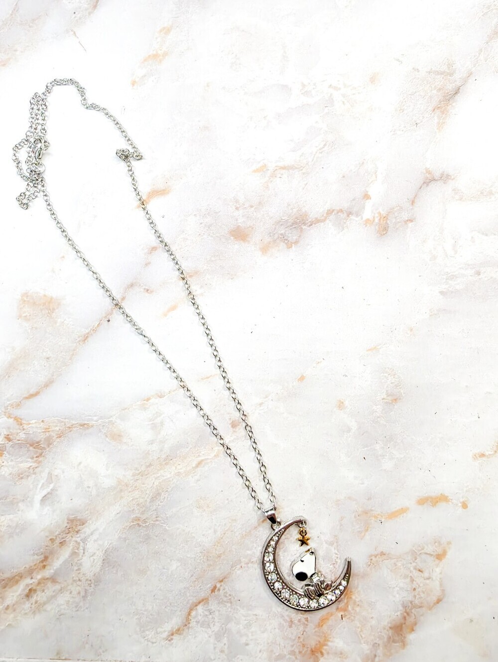 Snoopy Moon & Star Necklace Rhinestone Pendant Silver Tone 60cm Chain - Picture 9 of 9